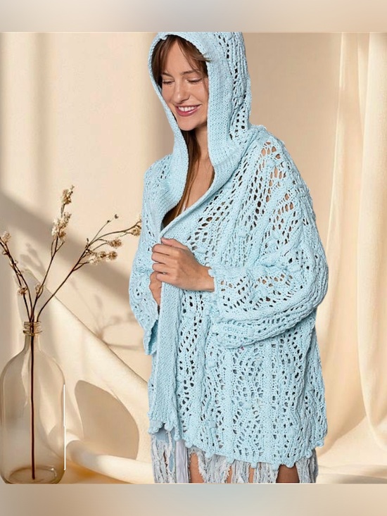 POL Tops - POL Blue Crochet Hoodie Cardigan Sweater Top